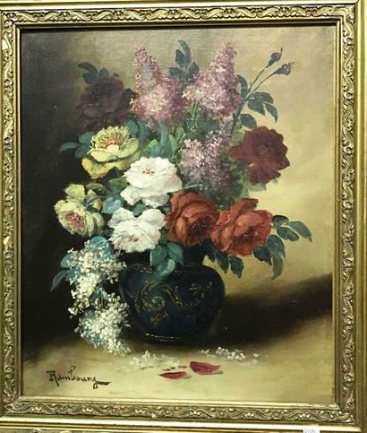 null Ecole du XIXe siècle Composition florale Huile sur toile, signée en bas à gauche...