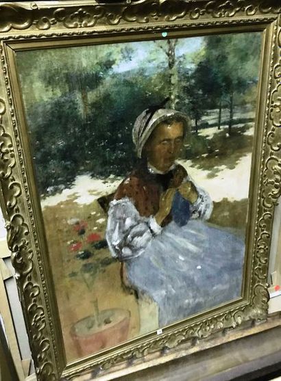 null Auguste PEGURIER (1856-1936) Femme cousant. 1883. Huile sur toile signée en...