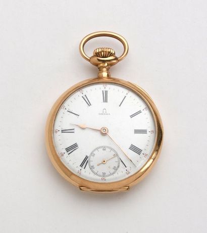 null OMEGA Montre de gousset en or jaune 18K 750‰, cadran émaillé blanc, chiffres...