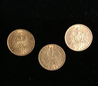 null 3 pièces or de 20 marks - 1874, 1902 et 1910 - usures. Pb.: 23.8 grs