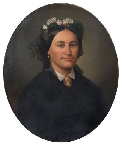 null 141 Ecole française du XIXe siècle Portrait de jeune femme au visage masculin...