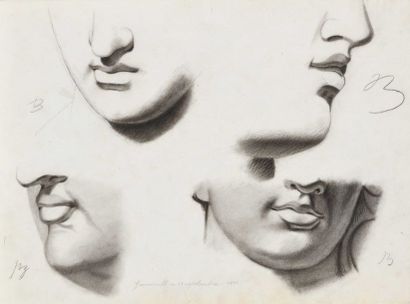 null 144 Ecole du XIXe siècle Quatre études de visage Fusain sur papier. 24 x 32...