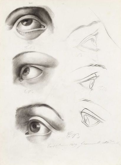 null 144 Ecole du XIXe siècle Quatre études de visage Fusain sur papier. 24 x 32...