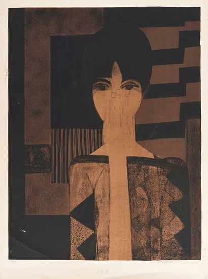 null 187 André MINAUX (1923-1986) Femme, la main devant le visage Lithographie en...