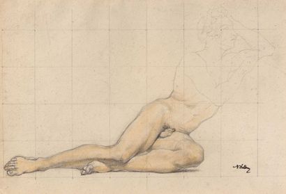 null 190 Antoine VOLLON (1833-1900) Etude de nu masculin allongé, accoudé Dessin...