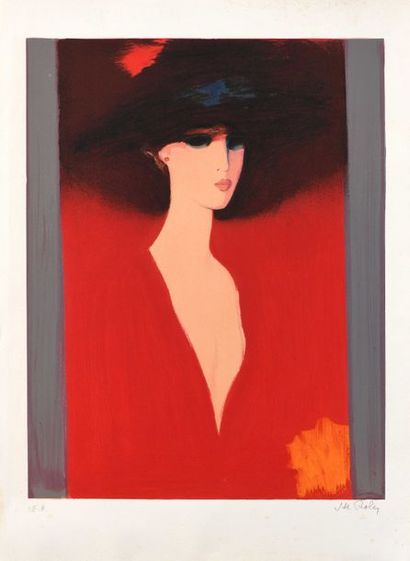 null 224 Ecole du XXe siècle Portrait de femme au chapeau Epreuve d’artiste en couleurs,...