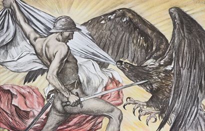 null 248 Ecole du XXe siècle Soldat combattant un aigle Fusain et crayons sur papier....