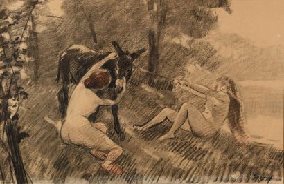 null 274 Albert DAGNAUX (1851-1933) Femmes nues tirant un âne Fusain, signé en bas...