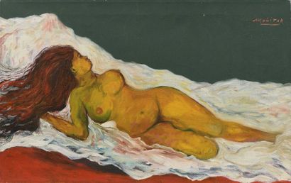 null 49 Martial MOLITOR (XXIe siècle) Femme nue couchée Huile sur toile, signée en...