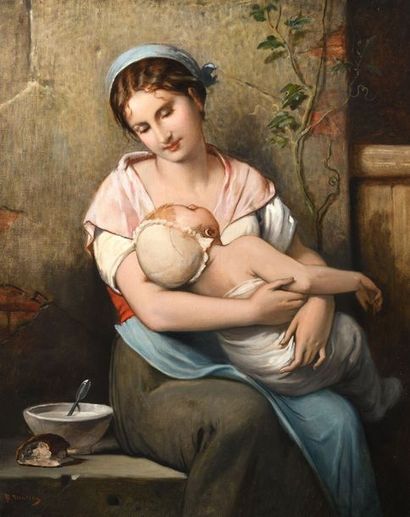 null 50 Bénédict MASSON (1819 - 1893) La maternité Huile sur toile, signée en bas...