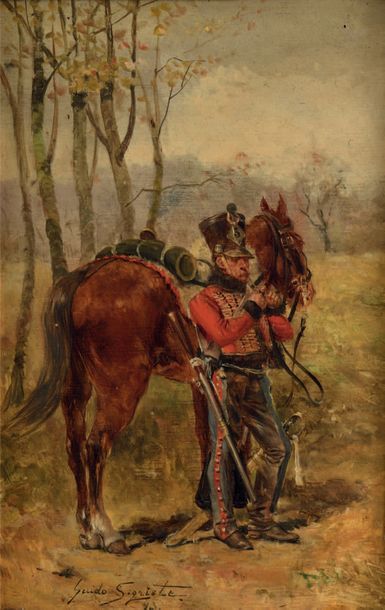 Guido SIGRIST (Aarau, Suisse), 1864-Pau, 1915) Hussard près de son cheval bourrant...