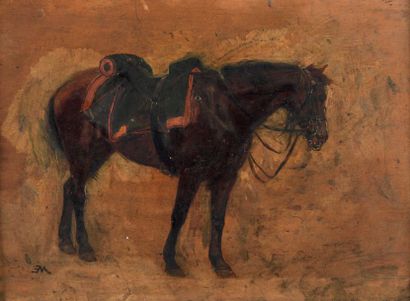 Ernest MEISSONNIER (Lyon, 1815-Paris, 1891) Cheval sellé, étude
Huile sur panneau,...