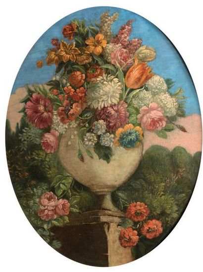 École Française du XIXe siècle Vases de fleurs sur un entablement fond de parc
Vase...