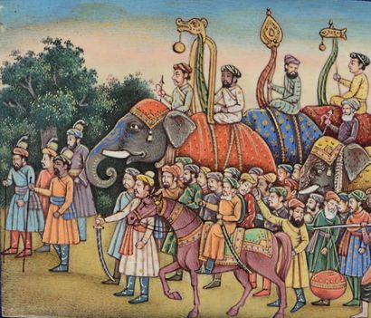 null PLAQUE en ivoire représentant la procession d'un empereur moghol à dos d'éléphant,...