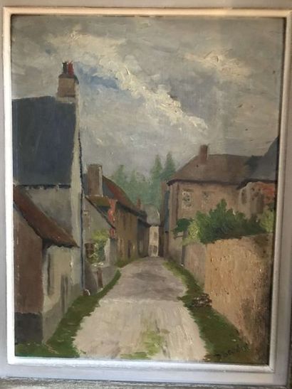 null Ecole du XXème Village de la Sarthe Malicorne Huile sur carton 35x27cm