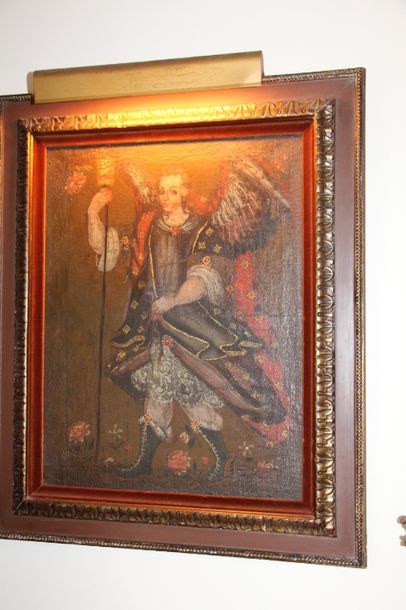 null Ecole de Cuzco Archange Saint Michel Huile sur toile 56x43cm