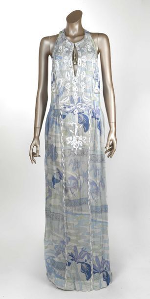 null Roberto CAVALLI : robe longue asymétrique en soie blanche avec motifs géométriques...