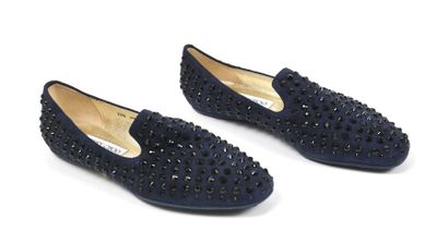 null JIMMY CHOO : mocassins en daim dark blue à décor de cabochons de strass noir....