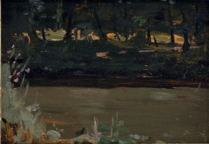 LAPCHINE, Georges Alexandrovitch (1885-1950) Au bord de la rivière.
Huile sur panneau....