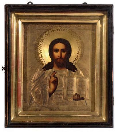 null Icône le Christ Pantocrator
Chromolithographie sur bois, conservée sous une...