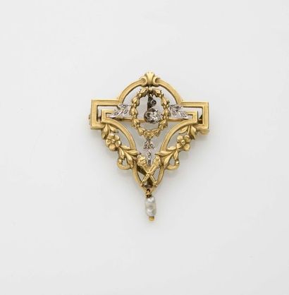 null Broche en or polychrome, 18K (750‰) de forme géométrique, parée de guirlandes...