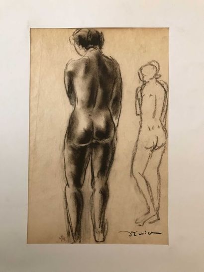 null Léon Ernest DRIVIER Etude d’une femme nue de dos et un croquis Fusain sur papier...