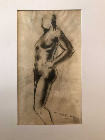 null Léon Ernest DRIVIER Etude d’une femme nue de profil Fusain sur papier 26,6x14,3...