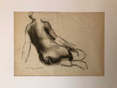 null Léon Ernest DRIVIER Etude d’une femme assise de dos Fusain sur papier 18,3 x...