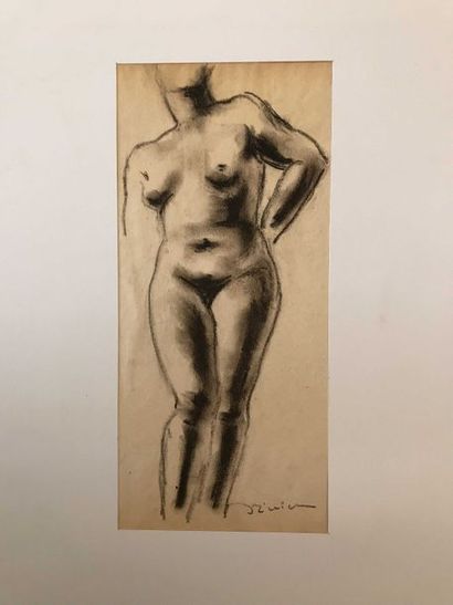 null Léon Ernest DRIVIER Etude d’une femme nue debout Fusain sur papier 26,4 x 11,7...