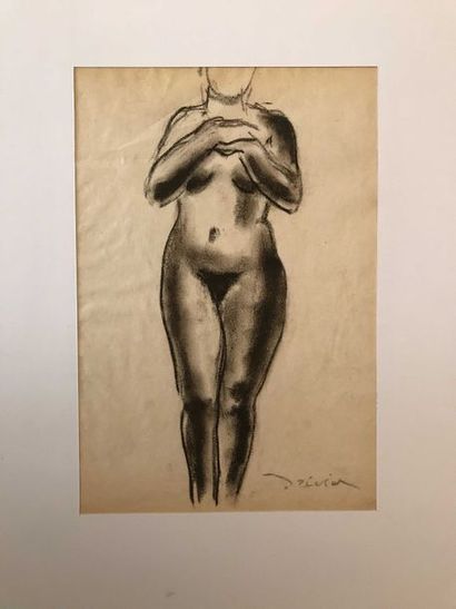 null Léon Ernest DRIVIER Etude d’une femme nue de face Fusain sur papier 25,9 x 17,5...