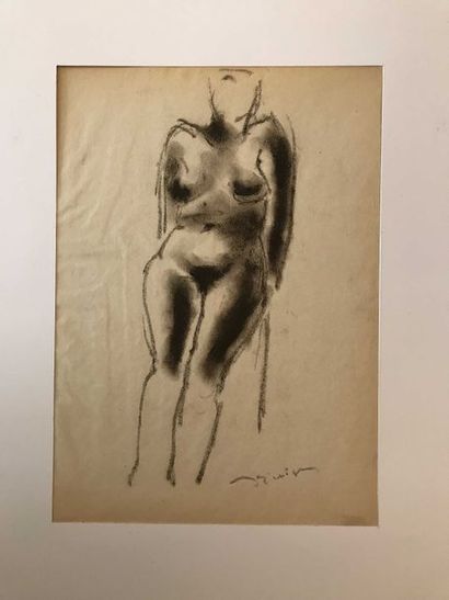 null Léon Ernest DRIVIER Etude d’une femme nue de face Fusain sur papier 25,9 x 18,4...