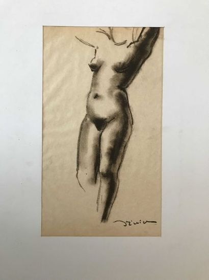 null Léon Ernest DRIVIER Etude d’une femme nue de face Fusain sur papier 25 x 14,2...