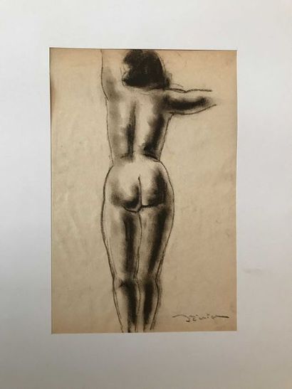 null Léon Ernest DRIVIER Etude d’une femme nue de dos Fusain sur papier 25,6 x 16,7...