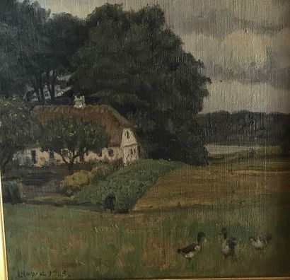 null Lauritz HOWE (1869-1945) Paysage aux canards Toile marouflée sur bois SBG et...