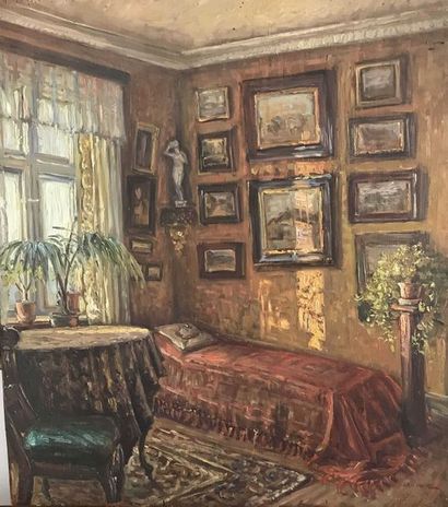 null Lauritz HOWE (1869-1945) Intérieur au divan Huile sur toile Signé en bas à droite...