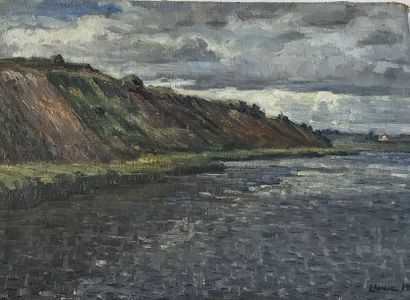 null Lauritz HOWE (1869-1945) La falaise Huile sur toile Signé en bas à droite et...
