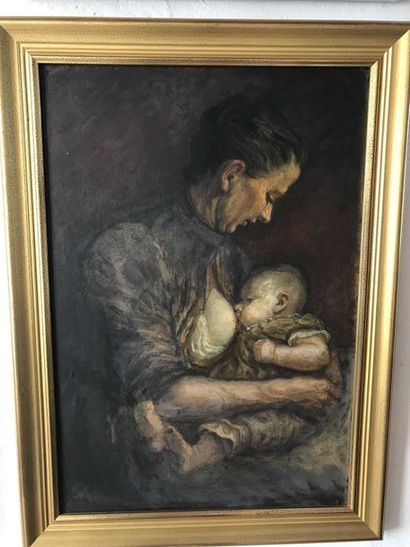 null Lauritz HOWE (1869-1945) Femme allaitant Huile sur toile panneau et daté 06...