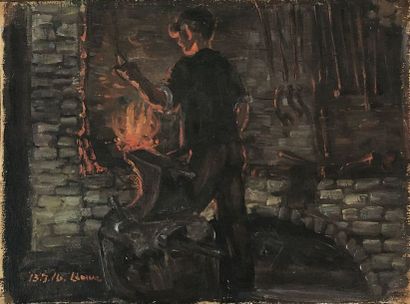 null Lauritz HOWE (1869-1945) Le forgeron Huile sur toile Signé en bas à gauche et...