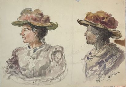 null Lauritz HOWE (1869-1945) Deux portraits de femme au chapeau Aquarelle Signé...