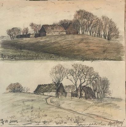 null Lauritz HOWE (1869-1945) Fermes à Bjerigaarden Lyungbyvej Fusain et aquarelle...