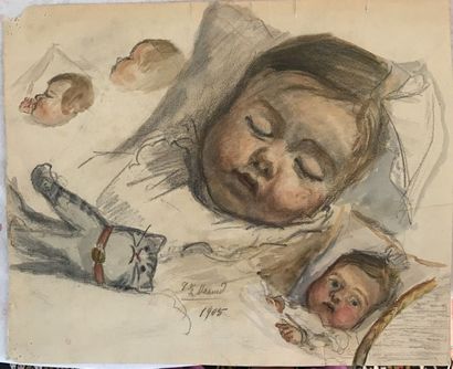 null Lauritz HOWE (1869-1945) Etude de têtes d’enfant Fusain et aquarelle Annoté...