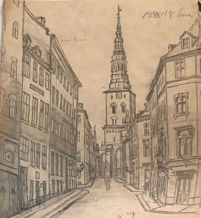 null Lauritz HOWE (1869-1945) Etude de rue à Copenhague Fusain 38x35cm