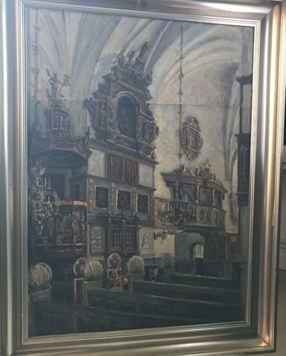 null Lauritz HOWE (1869-1945) Intérieur d’église Huile sur toile marouflé sur panneau...