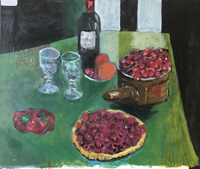 null David SETFORD (1925-2010) Nature morte aux cerises, tarte et vin c. 2010 Huile...