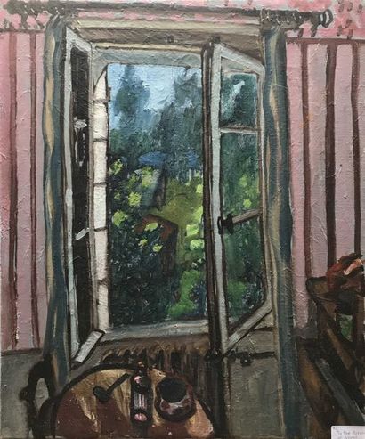 null David SETFORD (1925-2010) Vue du jardin de la chambre à Noyers c. 1971 Huile...