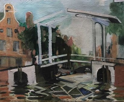 null David SETFORD (1925-2010) Pont levant, Amsterdam c. 2000 Huile sur toile 51...