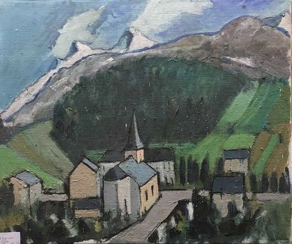 null David SETFORD (1925-2010) Village dans les Alpes c. 1990-2000 Huile sur toile...