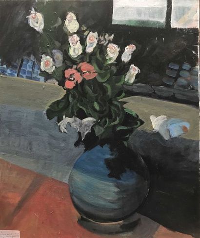 null David SETFORD (1925-2010) Nature Morte aux fleurs, table, fenêtre, vase bleue...