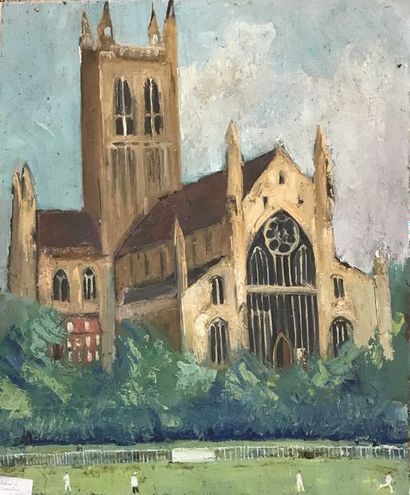 null David SETFORD (1925-2010) Cathedral and Cricketers c. 2000 Huile sur toile 61,5...