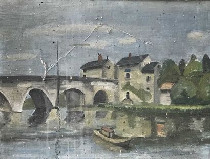 null David SETFORD (1925-2010) Le pont à Saint-Aignan c. 1956 Huile sur toile 39...